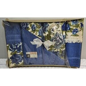 Vintage MCM Towel Set New Blue Green Floral 1960s Royal Ensemble Set Weathered